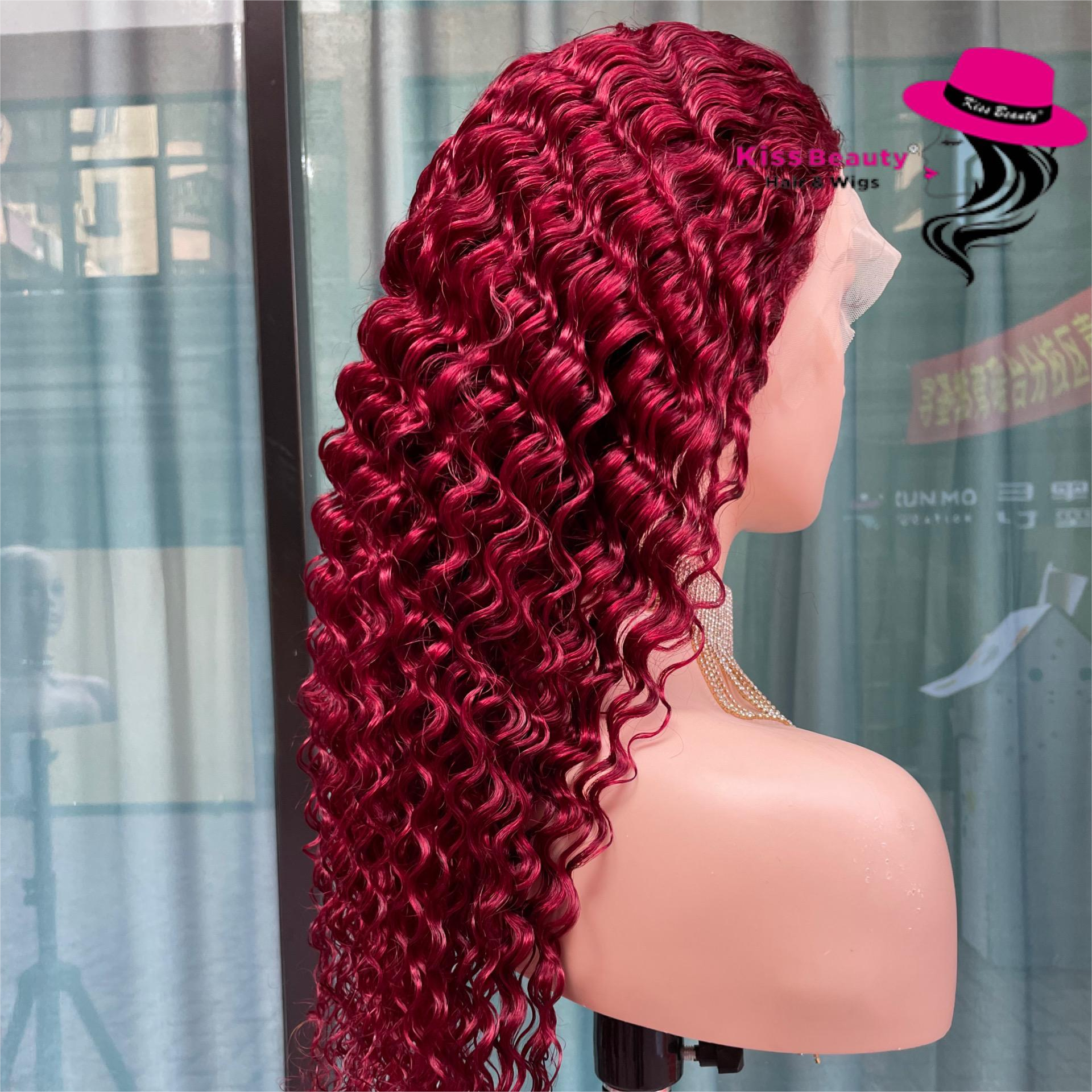 Peruvian Deep Wave Hair 13x4 Lace Front Wig Brazilian Human Hair Wigs Red Burgundy 180% Remy Human Hair Wigs