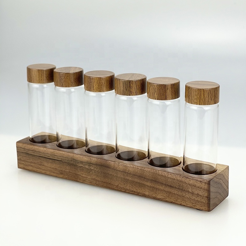 Custom Barista Tools Accessories Canister Sealed Glass Single Dose Coffee Tubes Walnut Set For Coffee Beans Storage Tubes