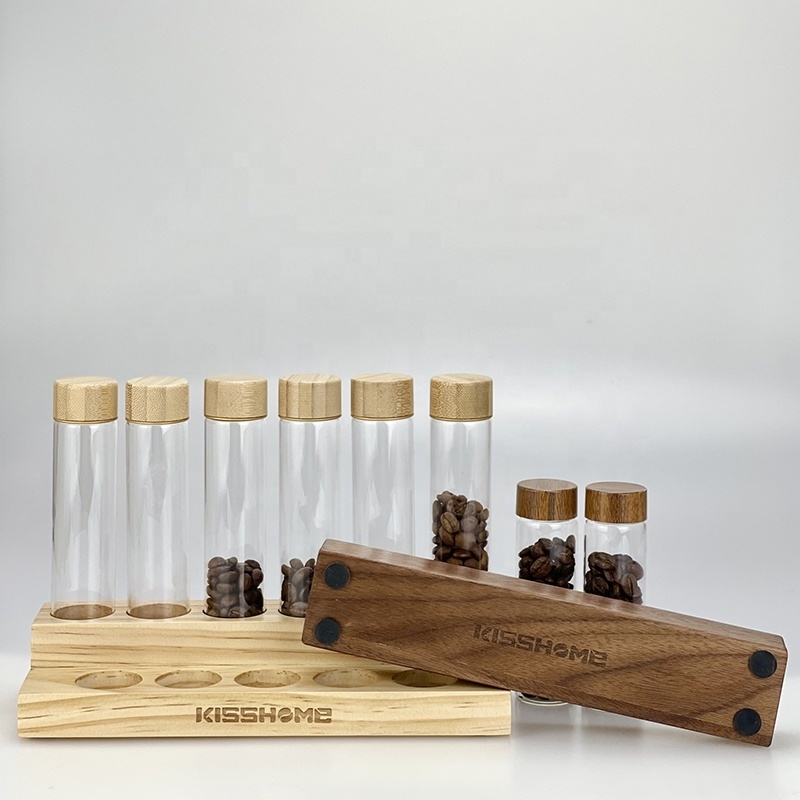 Custom Barista Tools Accessories Canister Sealed Glass Single Dose Coffee Tubes Walnut Set For Coffee Beans Storage Tubes