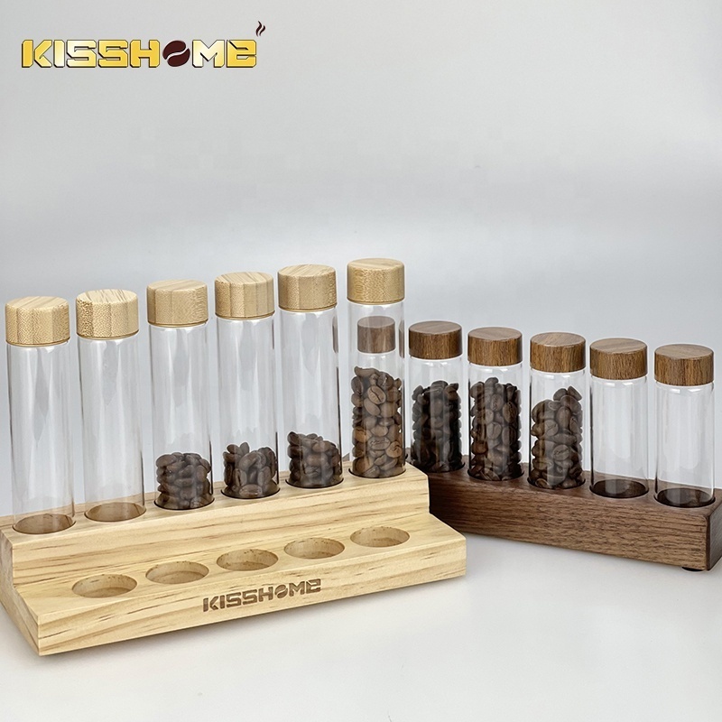 Custom Barista Tools Accessories Canister Sealed Glass Single Dose Coffee Tubes Walnut Set For Coffee Beans Storage Tubes