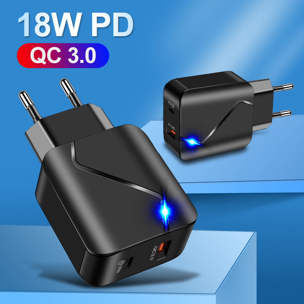 Free Shipping 1 Sample OK Cell Mobile Phone Charger 18W Usb C Pd Charger EU US Plug Dual Ports Usb Wall Charger