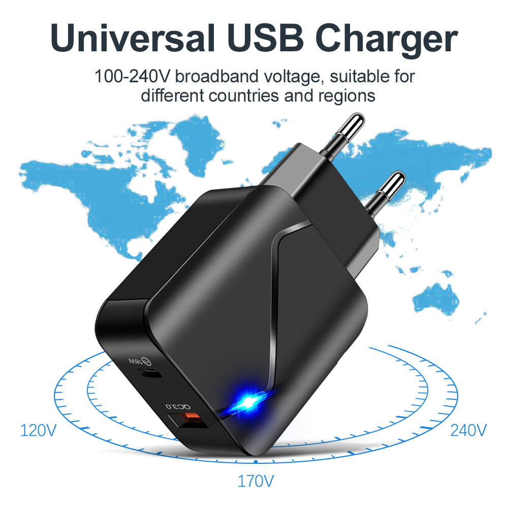 Free Shipping 1 Sample OK Cell Mobile Phone Charger 18W Usb C Pd Charger EU US Plug Dual Ports Usb Wall Charger