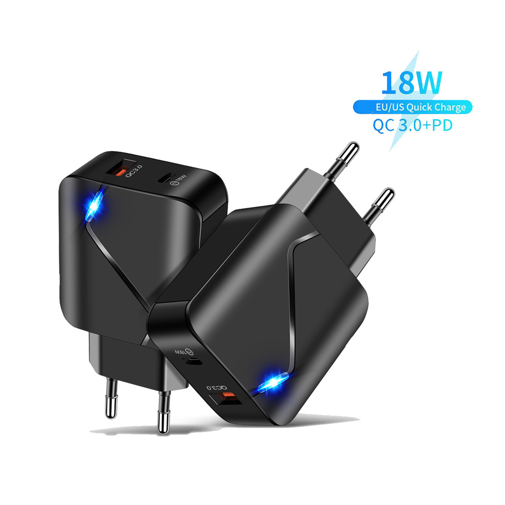 Free Shipping 1 Sample OK Cell Mobile Phone Charger 18W Usb C Pd Charger EU US Plug Dual Ports Usb Wall Charger