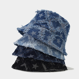 Custom Tassel Raw Edge Bucket Cap Fluffy Star Distressed Jeans Denim Fabric Bucket Hat