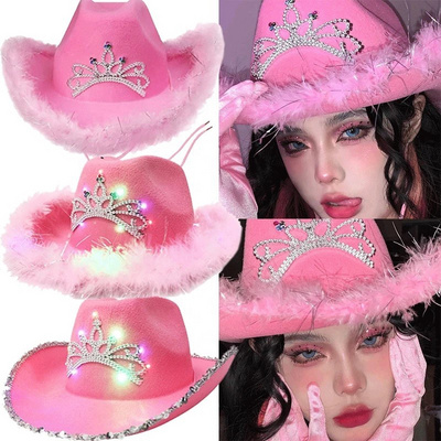 Fashion Pink Cowgirl Cowboy Hats For Ladies Women Girls Adult Festival Party Western Style Felt Tiara Feathers Sombrero hat