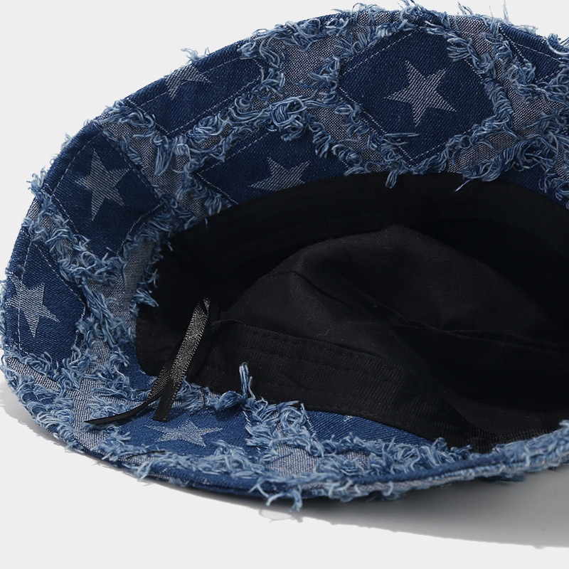 Custom Tassel Raw Edge Bucket Cap Fluffy Star Distressed Jeans Denim Fabric Bucket Hat