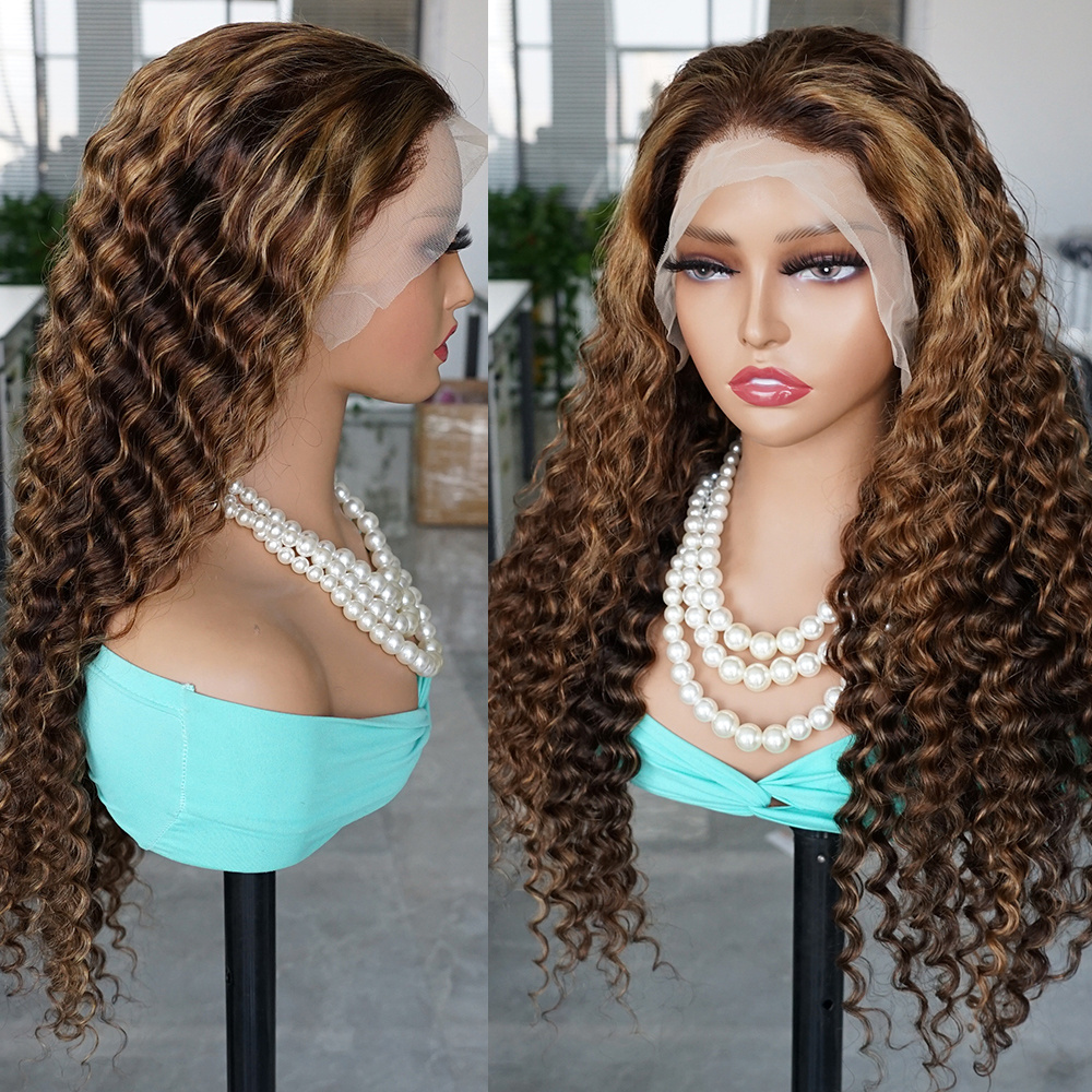 Deep Wave Curly Highlight Blonde Lace Frontal Wig Piano glueless Human Hair Hd transparent Lace Front Highlighted Color  Wig