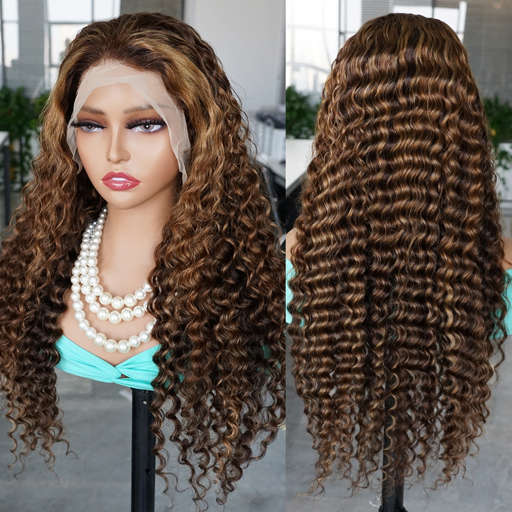 Deep Wave Curly Highlight Blonde Lace Frontal Wig Piano glueless Human Hair Hd transparent Lace Front Highlighted Color  Wig