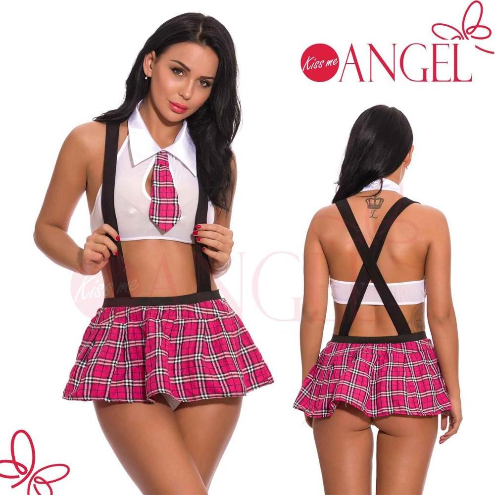 KISS ME ANGEL three pieces stretchy criss-cross back  naughty sexy school girl sexy costume