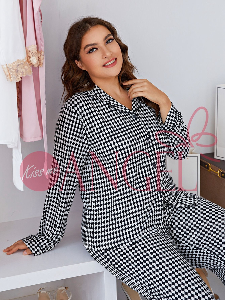 KISS ME ANGEL sexy nighty black and white plaid long-sleeved trousers autumn and winter home clothes plus size women's sleepwear