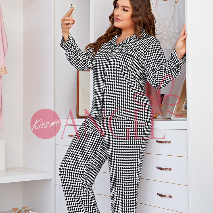 KISS ME ANGEL sexy nighty black and white plaid long-sleeved trousers autumn and winter home clothes plus size women's sleepwear