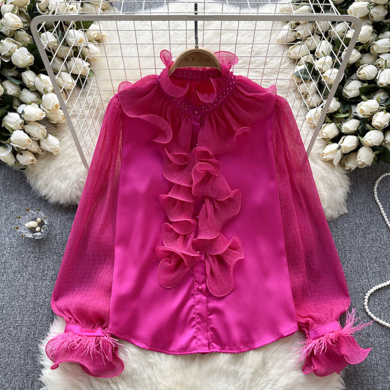 2024 Early Spring New Chiffon Shirt Women With Design Sense Pleated Ruffle Top Bell Sleeve Solid Color Blouse Ladies