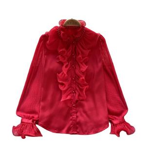 2024 Early Spring New Chiffon Shirt Women With Design Sense Pleated Ruffle Top Bell Sleeve Solid Color Blouse Ladies