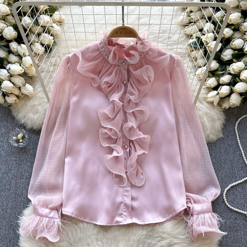 2024 Early Spring New Chiffon Shirt Women With Design Sense Pleated Ruffle Top Bell Sleeve Solid Color Blouse Ladies