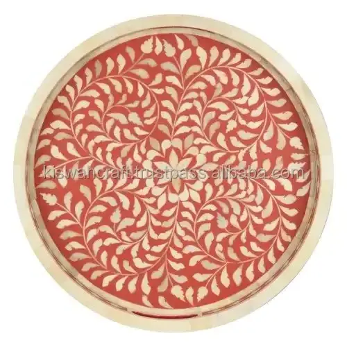 Best Look Round Bone Inlay Tray Antique Floral Design 2 Piece Best Quality Bone Inlay Serving Tray For Restaurant Use