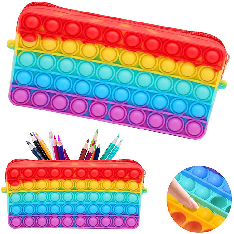 Portable Large Capacity Simple Relief Sensory Fidget Rainbow Pop Bubble School Decompression toy silicone pencil case for kids