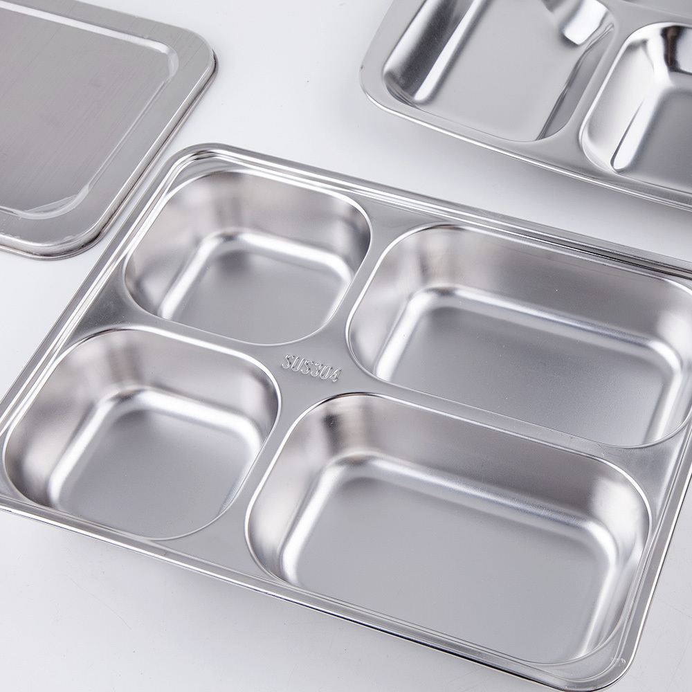 Stainless Steel Plates Food Tray Dinner Plate Lunch Tray School Fast Food Canteen Divided Dinner Tray Plates With Steel Lid