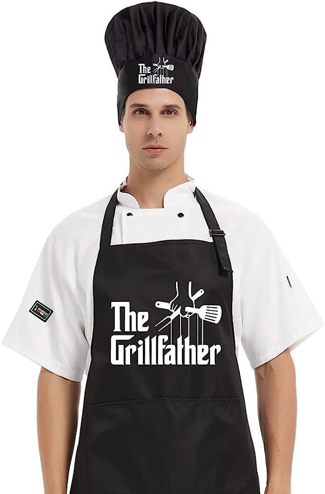 Chef Hat+Apron Set Funny Cooking Grilling Apron Gift for Men Woman Dad Mom Gift for Husband Boyfriend Chef Adjustable Size