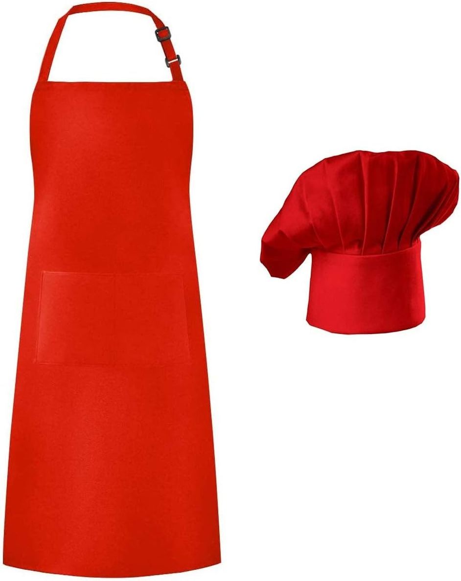 Unisex Chef Apron Hat Set Cotton Kitchen Apron Adult Adjustable with Butcher Hat Baker Costume Kitchen Pocket Pinafore