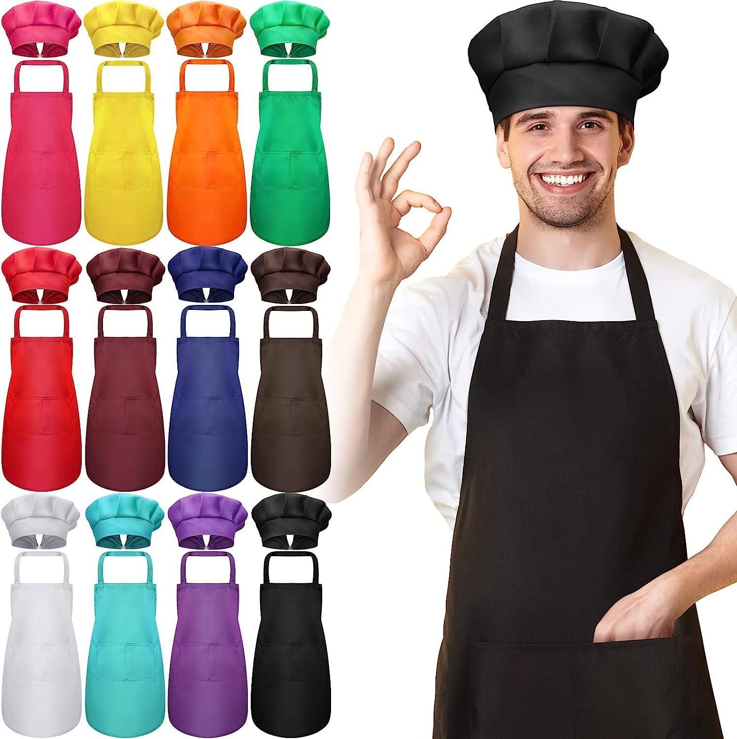 Adult Apron Chef Hat Set with Pockets Adjustable Chef Hat for Women Men Costume Cooking Kitchen Grilling Painting Crafting