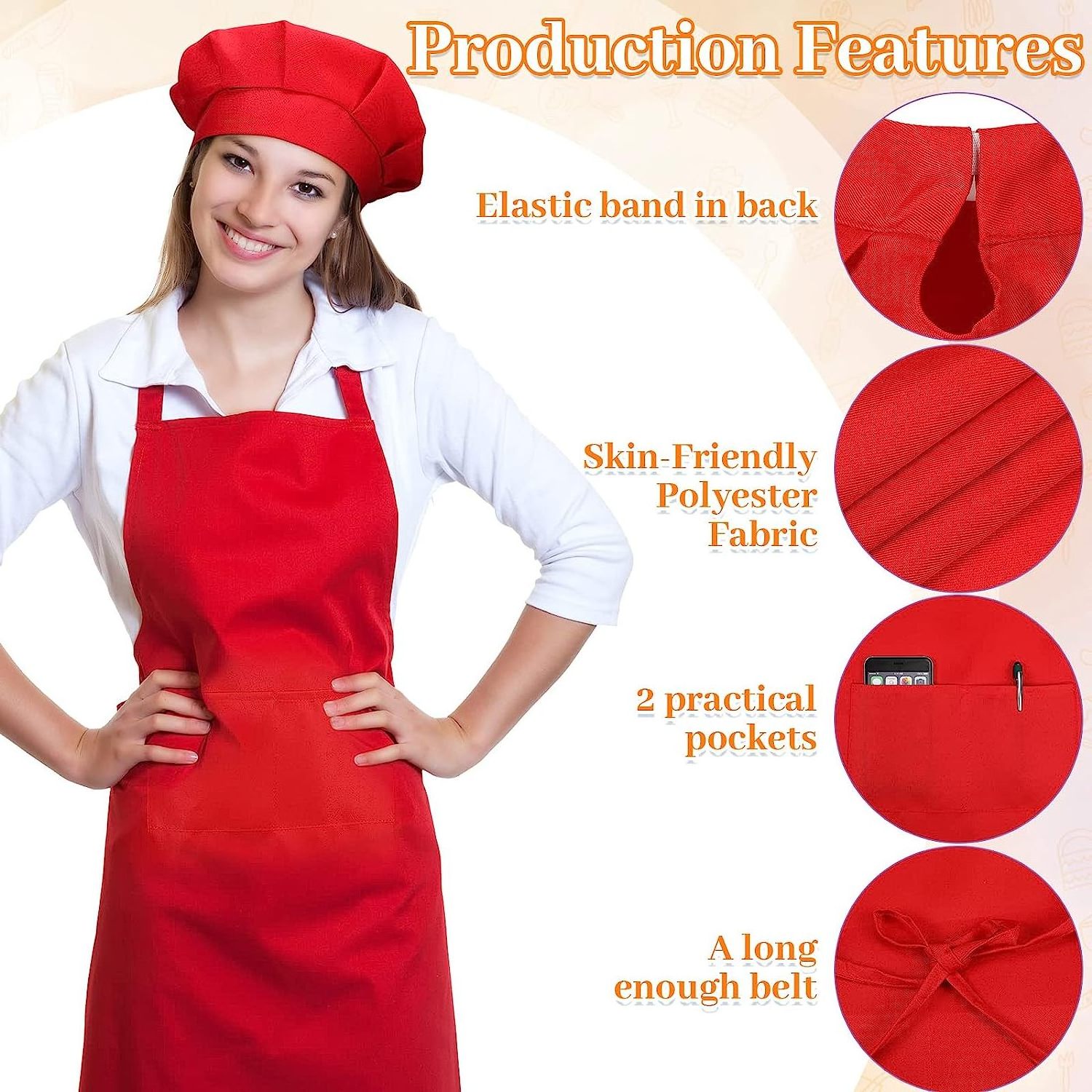 Adult Apron Chef Hat Set with Pockets Adjustable Chef Hat for Women Men Costume Cooking Kitchen Grilling Painting Crafting