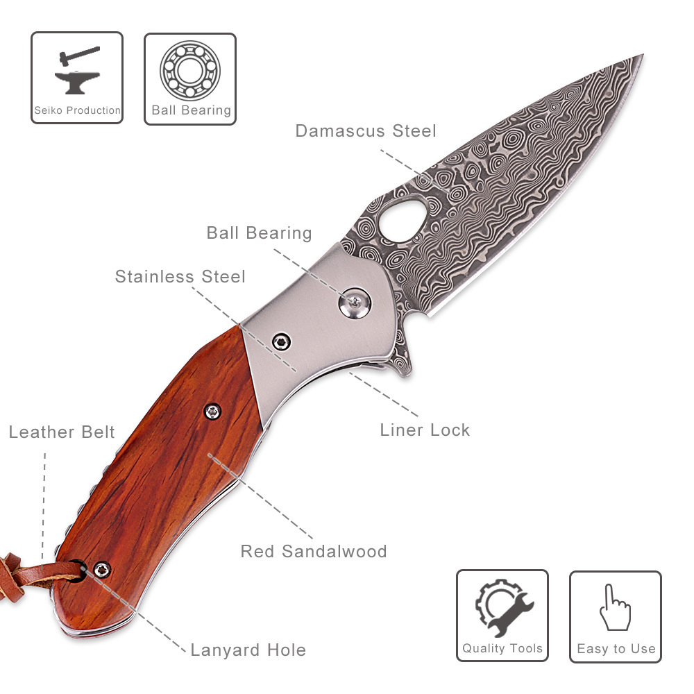 XINBIGO 2022 Exquisite Damascus Steel Hand Made Knife Camping Folding Hunting Knife with High Grade Wooden Handle