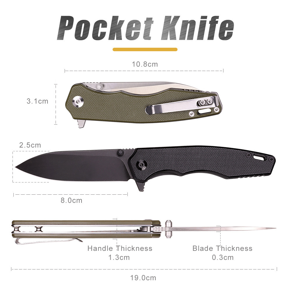 High Quality G10 Handle Foldable Pocket Sharp EDC Camping Survival Hiking Knives with 9CR Titanium Plated Stone Washing Blade