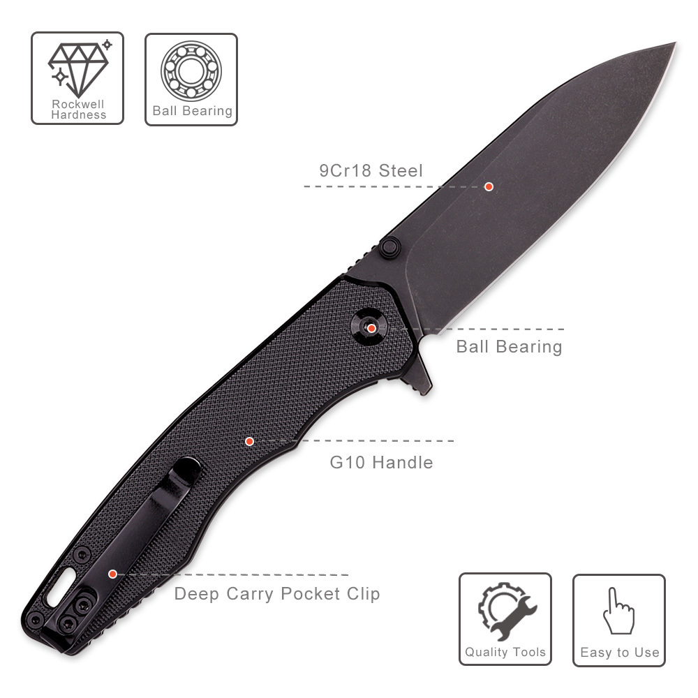 High Quality G10 Handle Foldable Pocket Sharp EDC Camping Survival Hiking Knives with 9CR Titanium Plated Stone Washing Blade