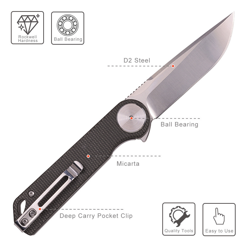 2023 New Style Micarta Folding Pocket Knife D2 Steel Blade EDC Self Defense Knives with Double-sided Knife Clip Design