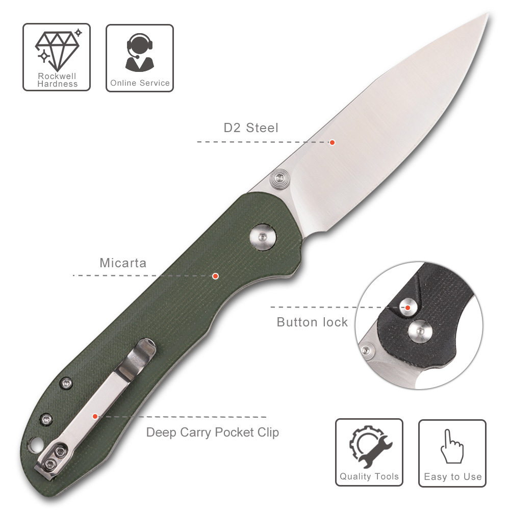 Wholesale Micarta Folding Pocket Knife D2 Stainless Steel Camping Tactical Survival EDC Self Defense Knives with Clip