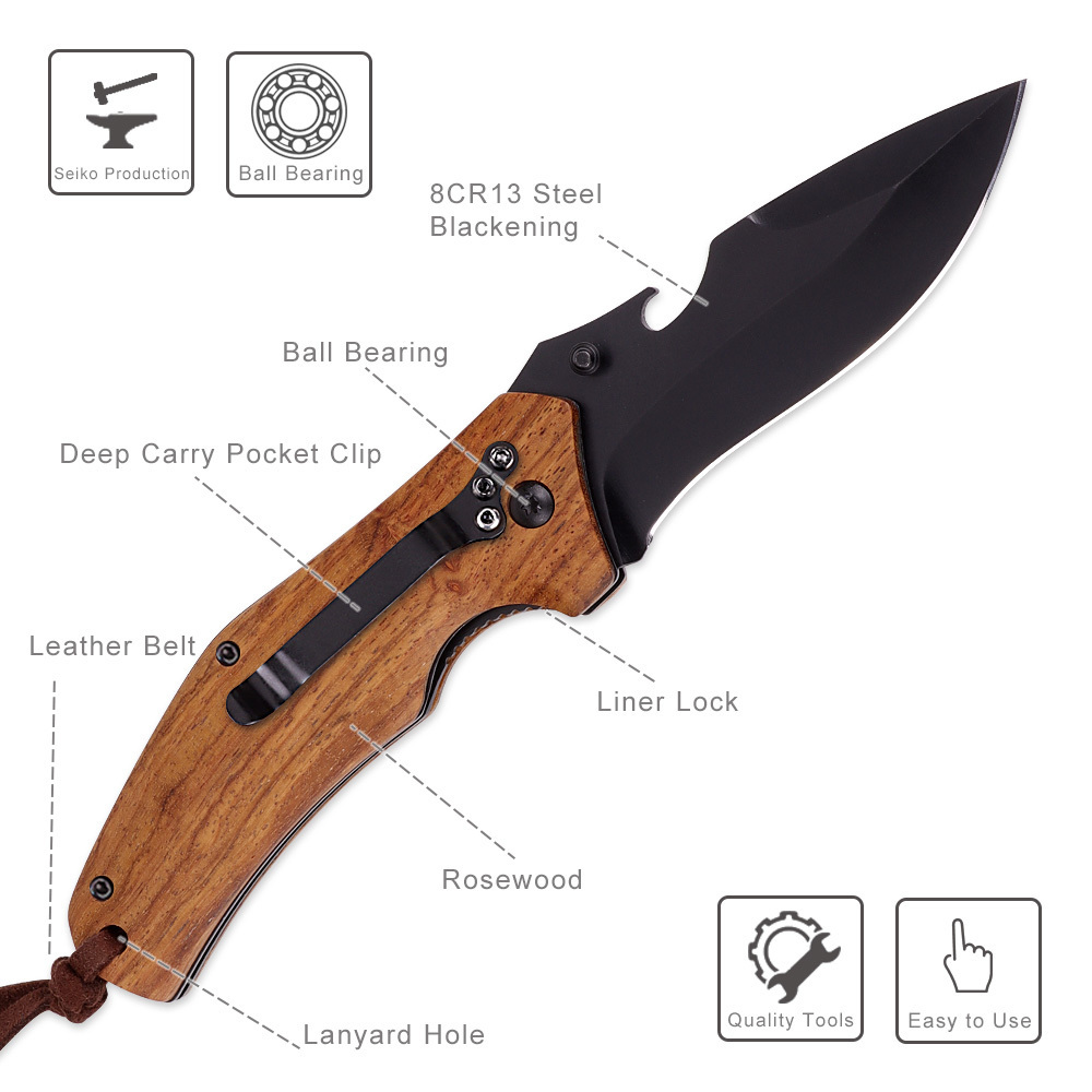 New Style Wood Handle Folding Pocket Knife Outdoor Camping Tactical Survival Hunting Knife with Bottle Opener