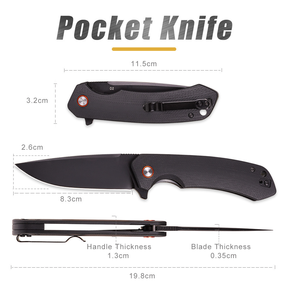 Simple Style Black Titanium Plated D2 Steel Blade Folding Pocket Knife Outdoor Camping Survival Defense Tool