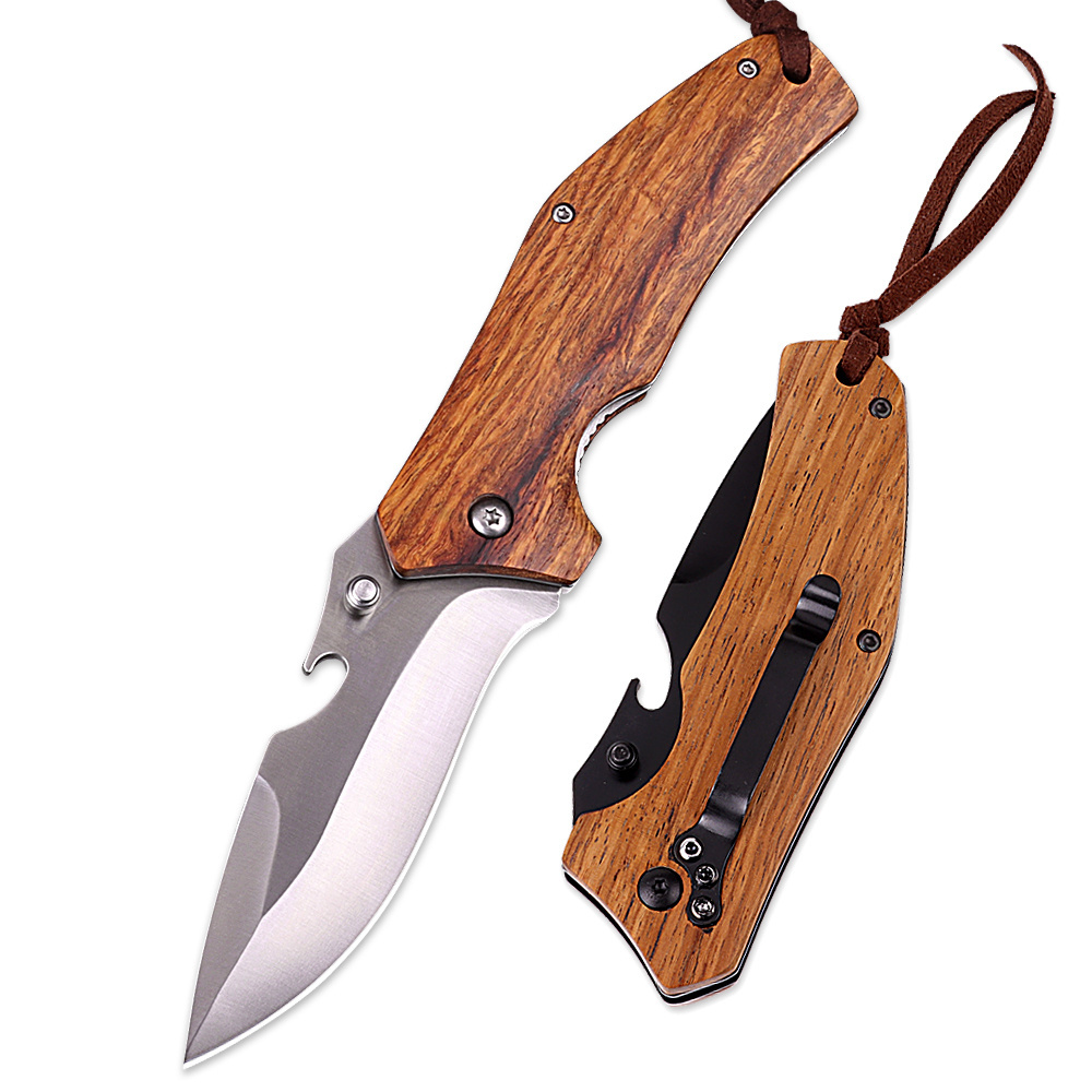 New Style Wood Handle Folding Pocket Knife Outdoor Camping Tactical Survival Hunting Knife with Bottle Opener