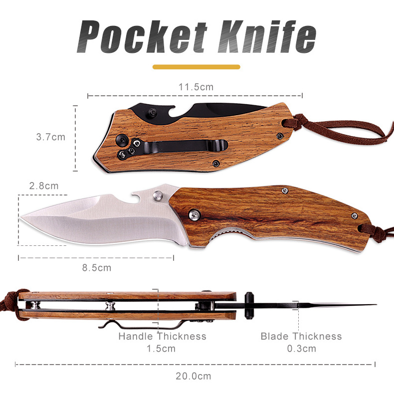 New Style Wood Handle Folding Pocket Knife Outdoor Camping Tactical Survival Hunting Knife with Bottle Opener