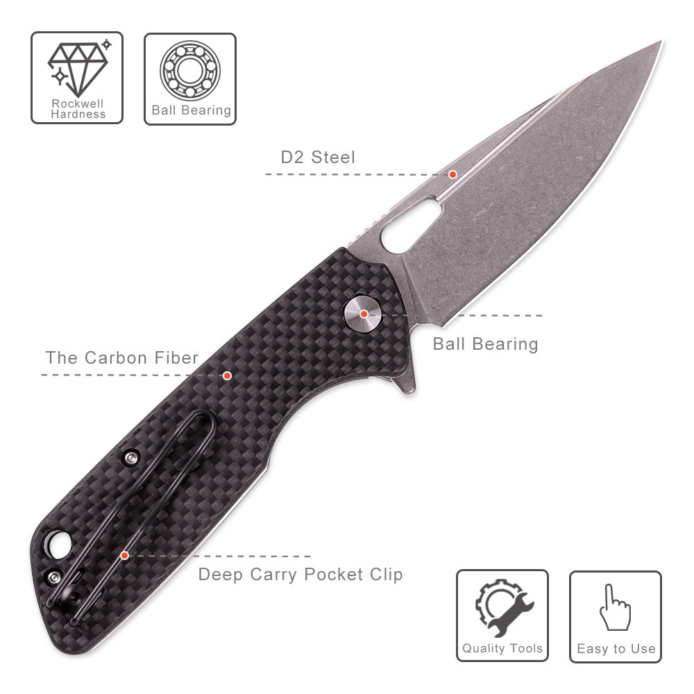 High Grade D2 Steel Edc Folding Pocket Knife G10 Carbon Fiber Handle Outdoor Camping Self Defense Survival Knives