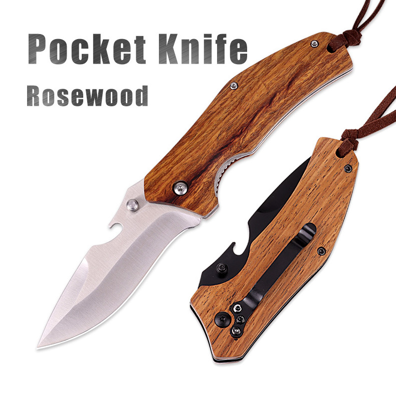 New Style Wood Handle Folding Pocket Knife Outdoor Camping Tactical Survival Hunting Knife with Bottle Opener