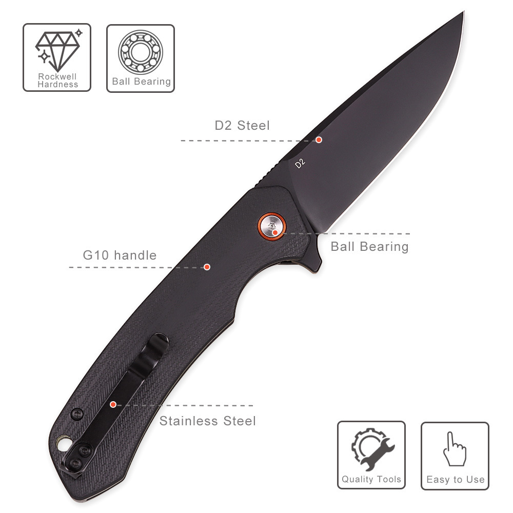 Simple Style Black Titanium Plated D2 Steel Blade Folding Pocket Knife Outdoor Camping Survival Defense Tool