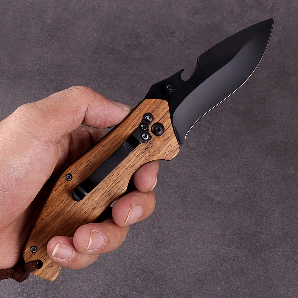 New Style Wood Handle Folding Pocket Knife Outdoor Camping Tactical Survival Hunting Knife with Bottle Opener