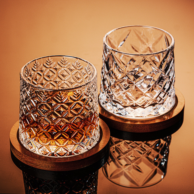 Rotary Whiskey Glasses Rocks Glasses Old Fashioned glass 9Oz, Clear Crystal Whiskey Glass