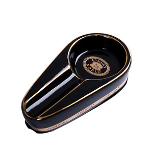 Custom mini portable small ceramic black table cigar ashtray for smoking handmade porcelain cigarette tray