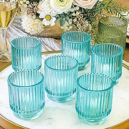 Blue Glass Tealight Votive Candle Holders Fall Decor Shelf Decoration