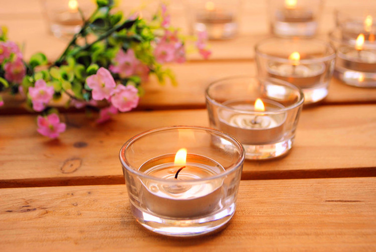 Wholesale Custom small short clear tea light glass candle holder with wax