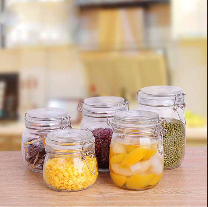 Clear glass food storage glass jar with lock OEM food glass jars with lids