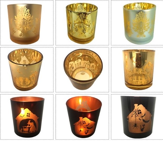 Electroplated golden color Round Shape Christmas Glass Candle Holder Tea Light Candle Holder