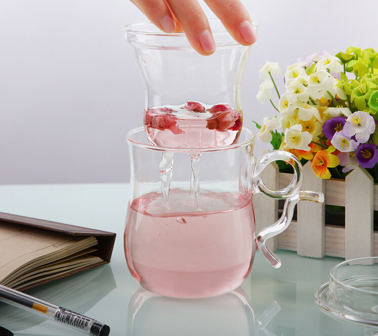 Double wall glass tea cup with glass filter and lid