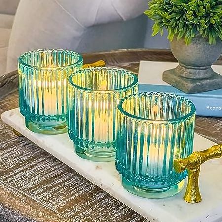 Blue Glass Tealight Votive Candle Holders Fall Decor Shelf Decoration