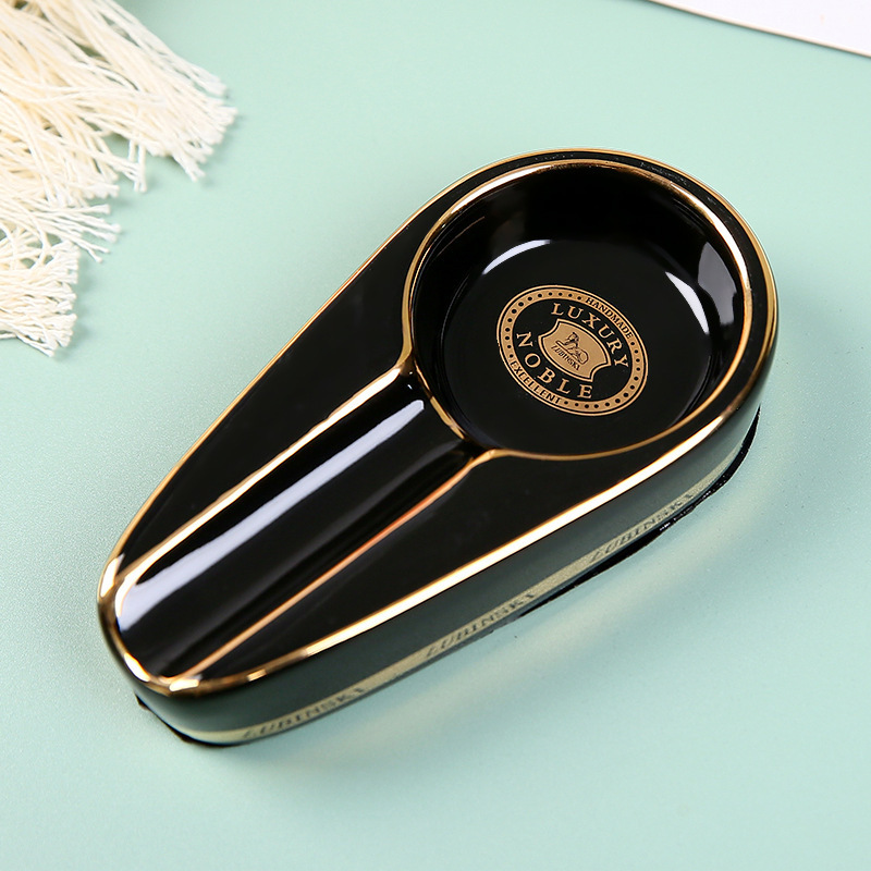 Custom mini portable small ceramic black table cigar ashtray for smoking handmade porcelain cigarette tray