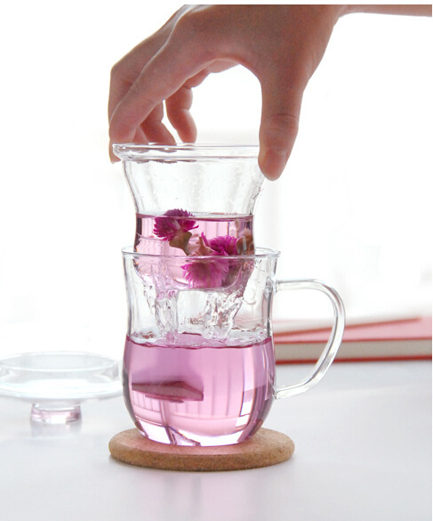 Double wall glass tea cup with glass filter and lid