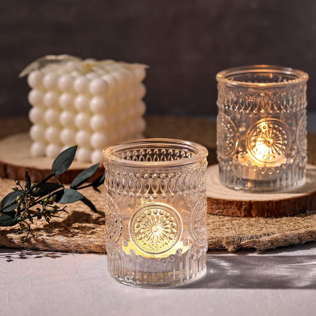 Clear Votive  Holders Glass Candle Holders Bulk for Tea Light Candle Embossed Candle Votives