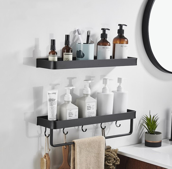 Metal Wall Mounted Bathroom Hook Storage Organizer Shower Shelf With Towel Bar